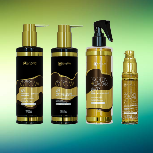 Kit Protein Caviar Golden Super Extra de Amazon Keratin con champú, acondicionador, mascarilla líquida dorada y sérum