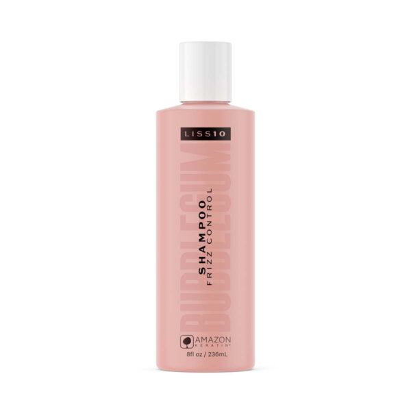 Botella del Liss10 Bubblegum Shampoo de Amazon Keratin, champú de control de frizz con fragancia de chicle, 236 ml perteneciente a la línea de productos de mantenimiento capilar